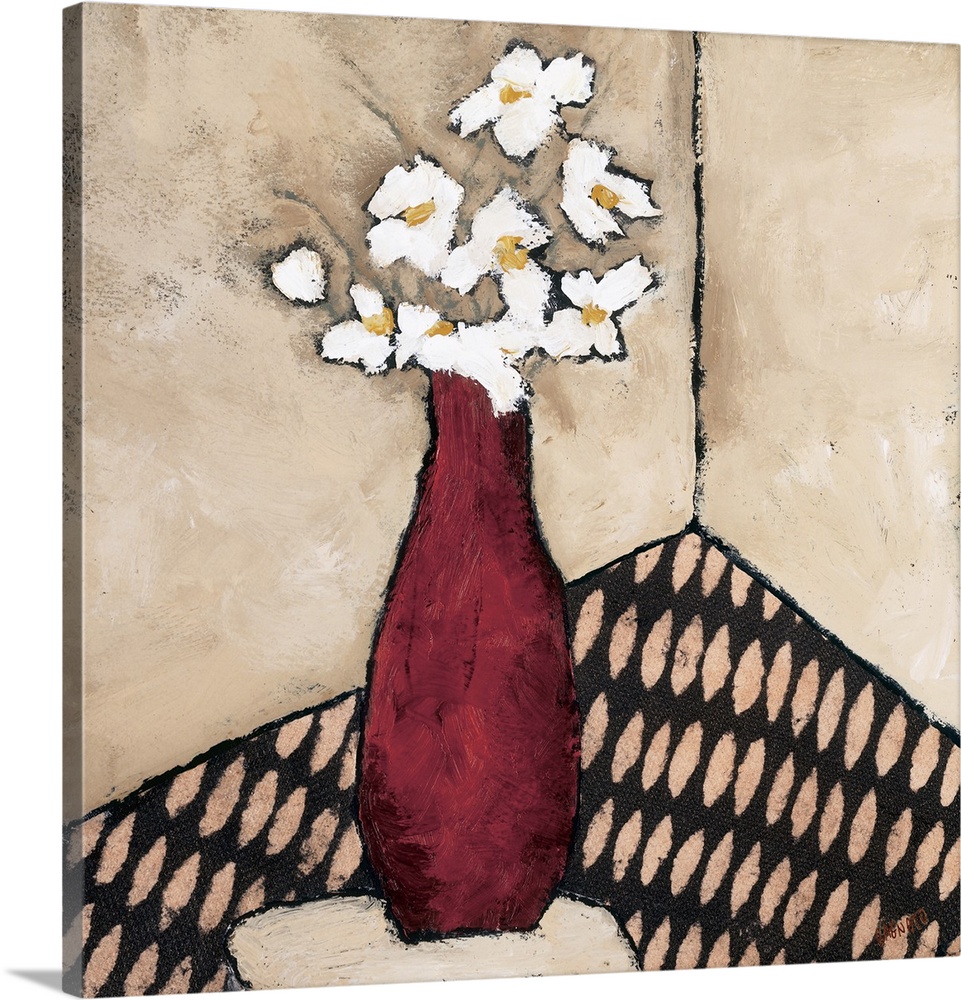Contemporary painting of a bouquet of white flowers in a red vase.
