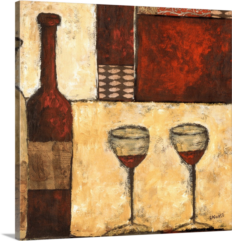 Contemporary textured painting of a bottle of red wine with two glasses over various polygons.