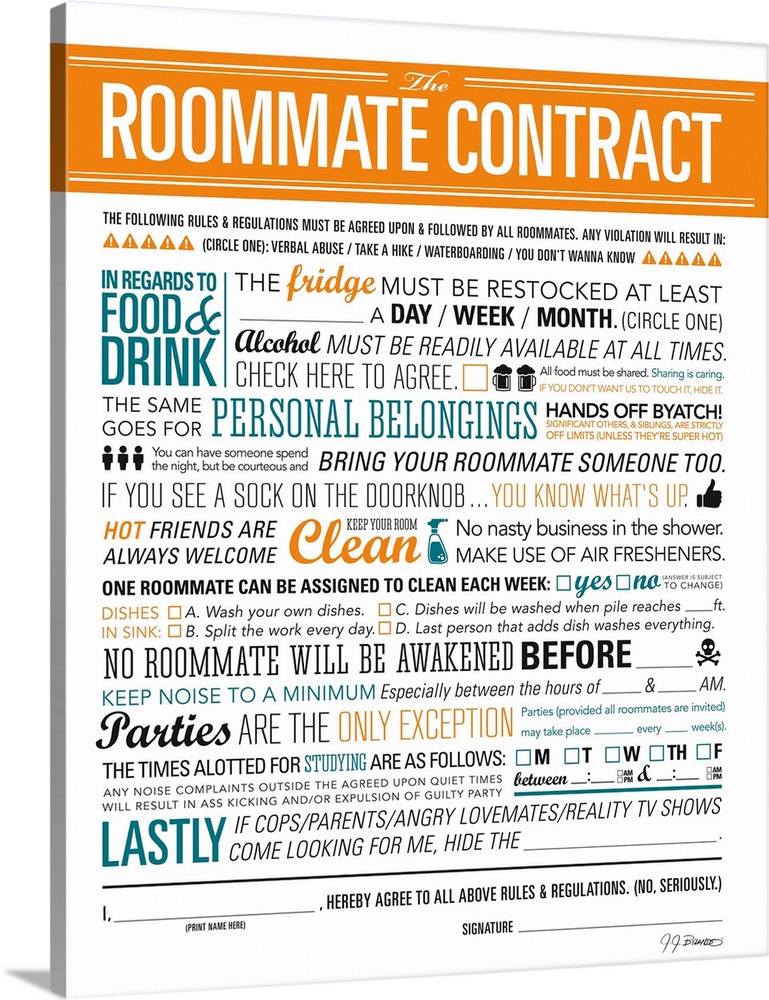 Digital art painting of a poster titled Roommate Contract by JJ Brando.