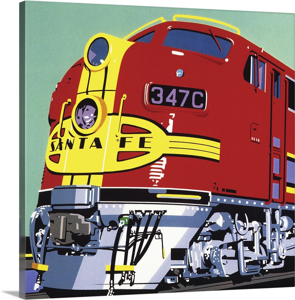 Retro illustration of a train engine painted in bright yellow and red.