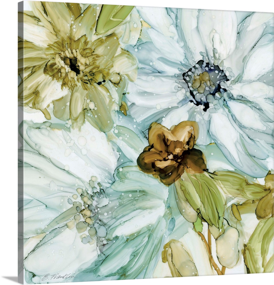 Fine art watercolor painting of a seaglass garden of flowers in blues, green and gray by Elizabeth Franklin.