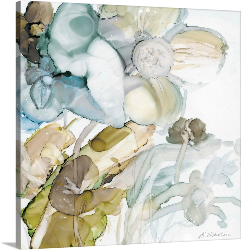 Fine art watercolor painting of a seaglass garden of flowers in blues, green and gray by Elizabeth Franklin.