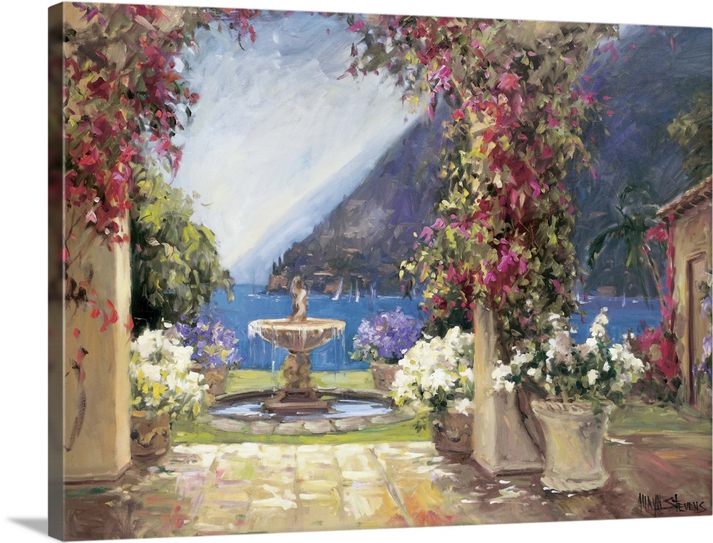 Fine art oil painting landscape of a seaside fountain and terrace with flowering plants overlooking a beautiful aquamarine...