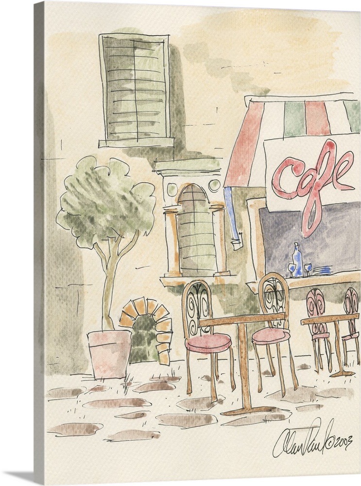 Watercolor painting with pen and ink details of a sidewalk cafe table for two in France by Alan Paul.