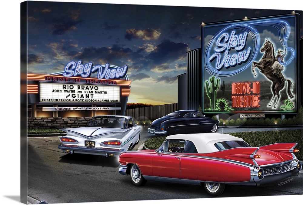 Digital art painting of the Sky View drive-in theater, playing Rio Bravo and Giant, with classic cars filing into the show...