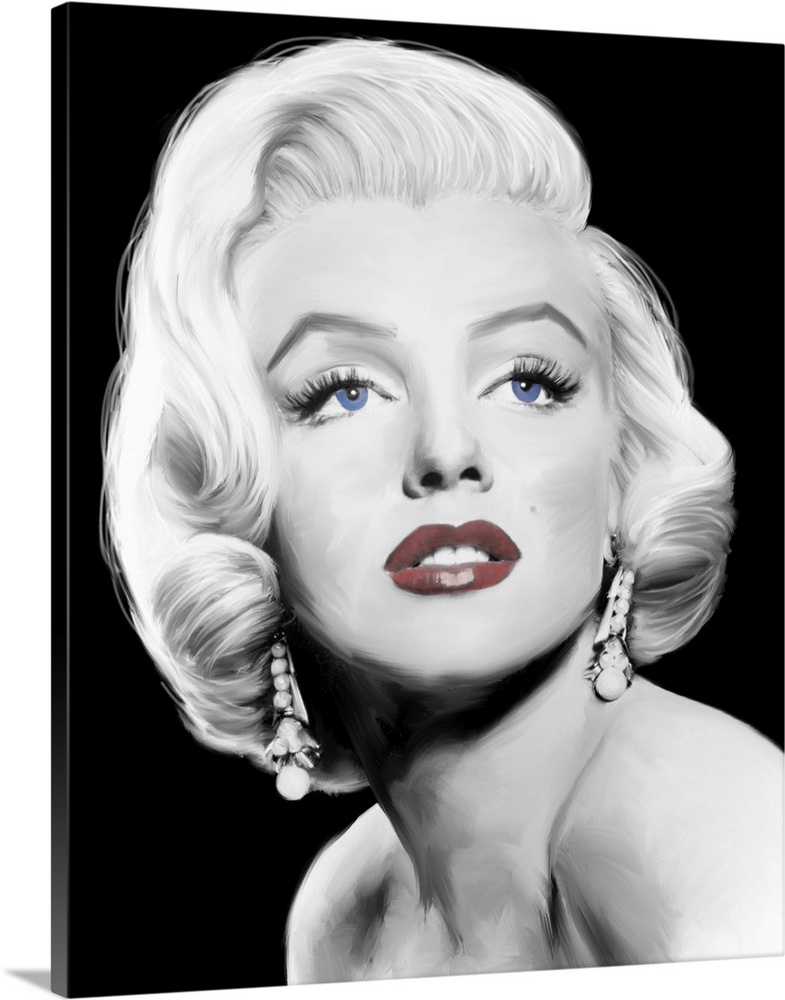 Digital art painting in black and white with spot color, of Marilyn Monroe in Stardust.