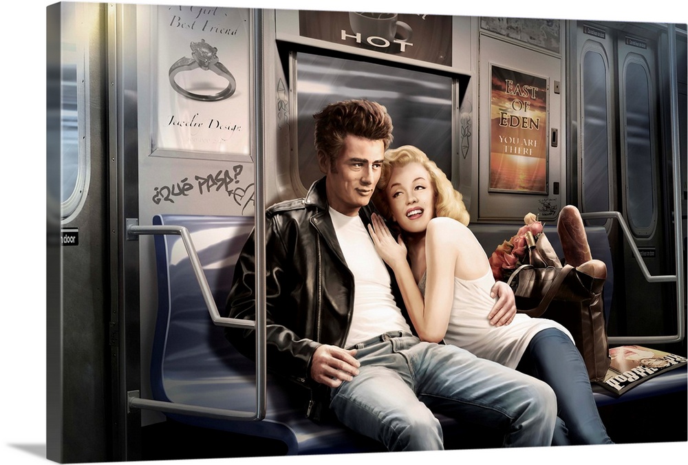 Digital art painting of Marilyn and James Dean on a subway ride by JJ Brando.