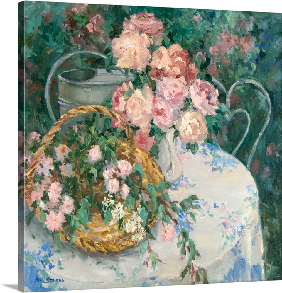 Fine art oil painting still life of a beautiful table filled with pink roses and flowers in a basket with a watering can b...