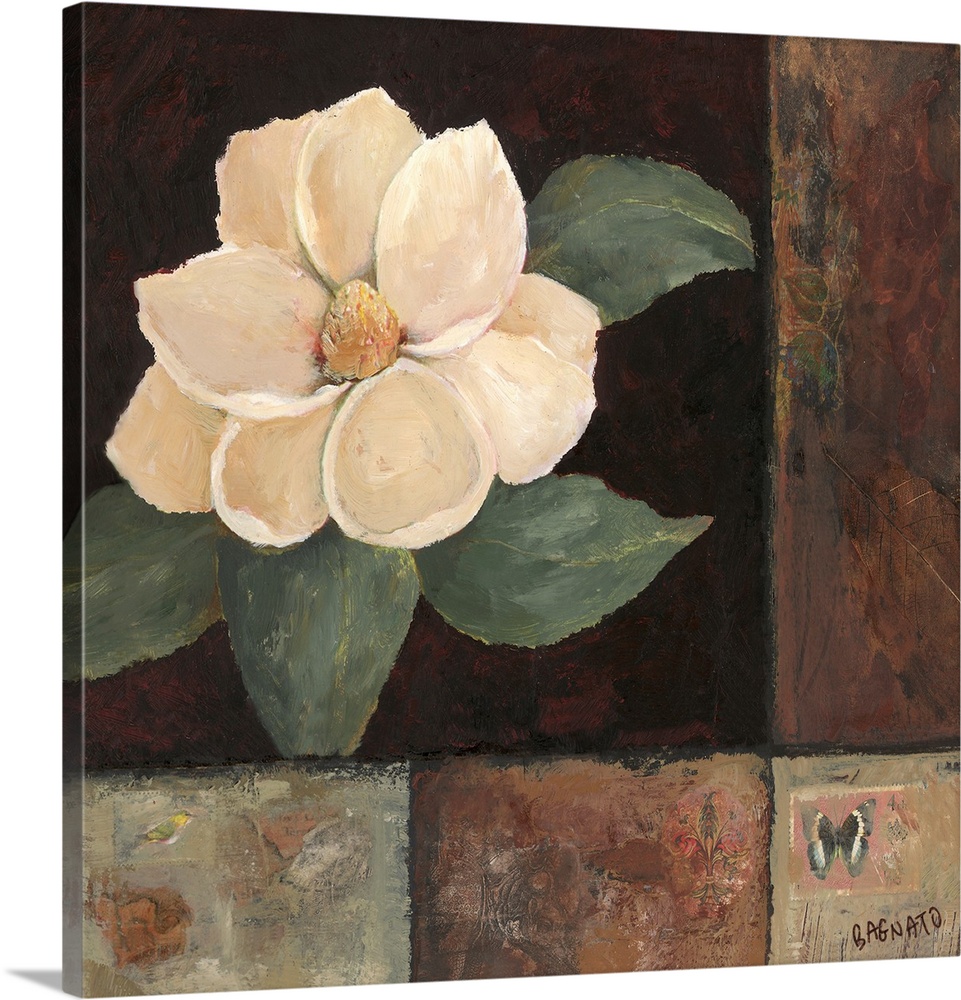 Contemporary painting of a magnolia blossom on a black background with mixed media borders collage-style.