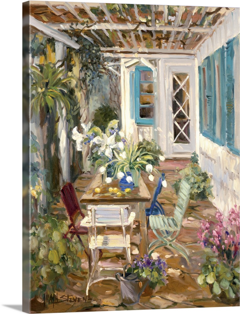 Fine art oil painting landscape of a back porch courtyard with flowers and plants by Allayn Stevens.