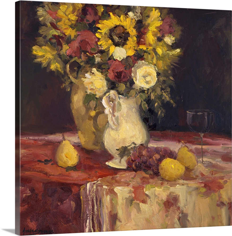 Fine art oil painting still life of bright yellow sunflowers, pears, lemons and grapes with a glass of red wine by Allayn ...