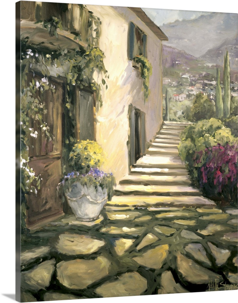 Fine art oil painting landscape of a sunlit villa path with flowering plants by Allayn Stevens.