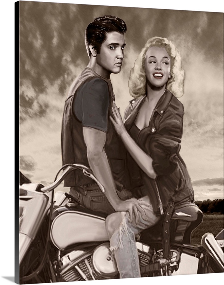 Digital fine art image of Marilyn and Elvis on a motorcycle.