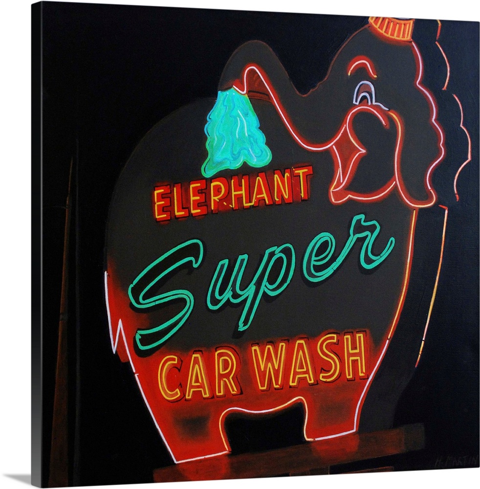 Fine art oil painting of a vintage neon super car wash elephant set against a dark background by Heidi Martin.