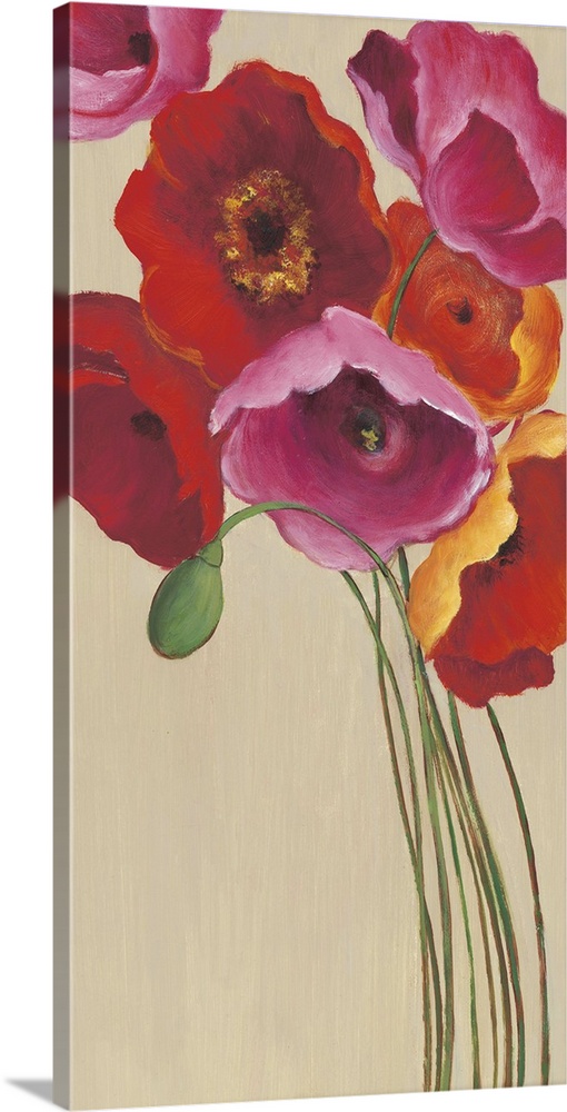 Fine art painting of poppies in reds, pinks and fuscia by Elle Summers.