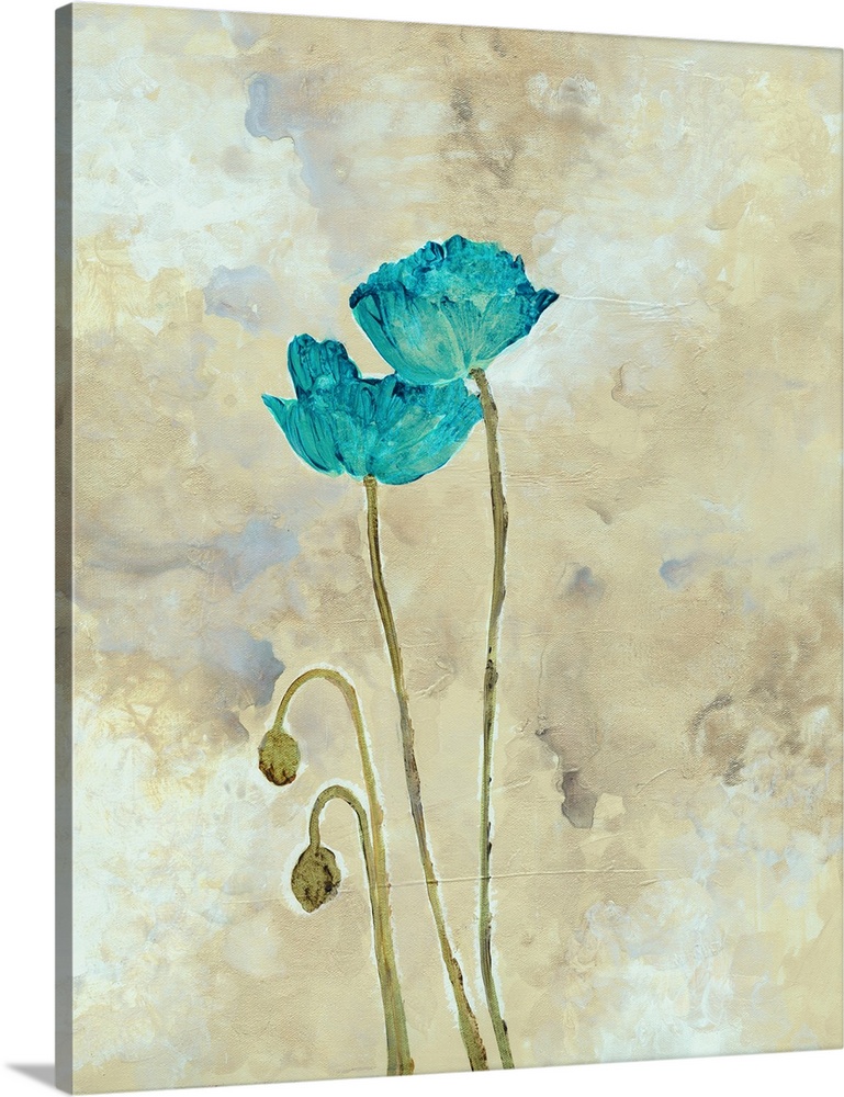 Fine art painting of teal and turquoise flowers.