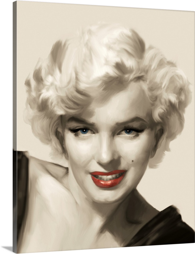 Marilyn Monroe gazes at the viewer with red lips.