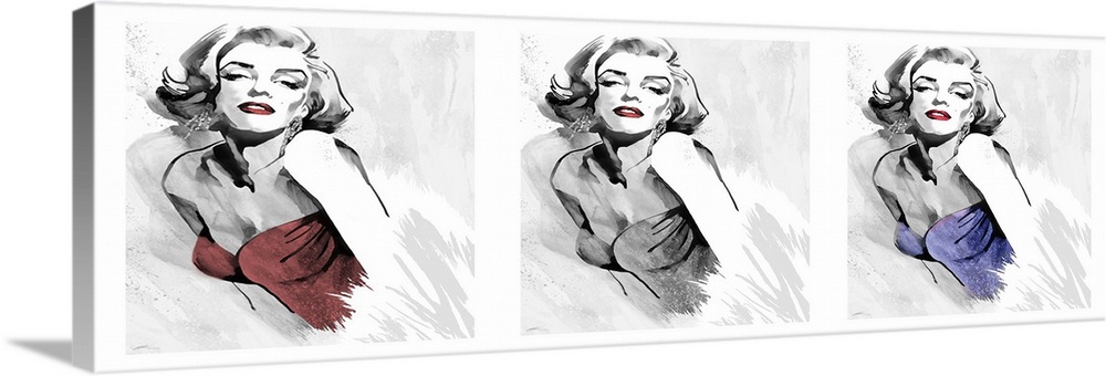 Marilyn Monroe's fashion pose in black and white with red lips and a retro 1980's strapless dress in red and purple.