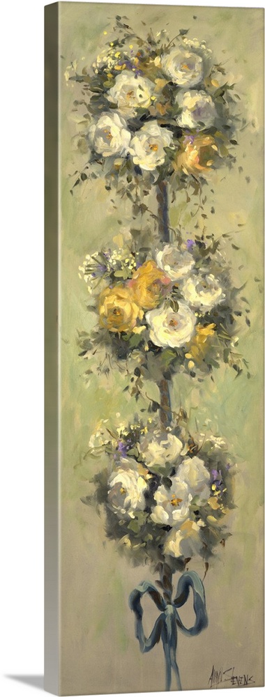 Fine art oil painting still life of a lovely topiary of yellow and white roses tied with a teal ribbon by Allayn Stevens.