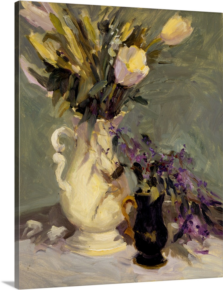 Fine art oil painting still life of tulips and lavender flowers in a white porcelain pitcher on a table with a moss green ...