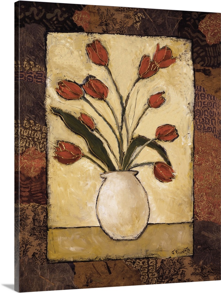 Contemporary painting of a bouquet of red tulips over a light background surrounded by a patterned border.