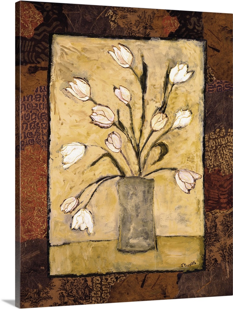 Contemporary painting of a bouquet of white tulips over a light background surrounded by a patterned border.