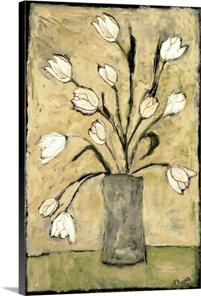Contemporary painting of a bouquet of white tulips over a light background.