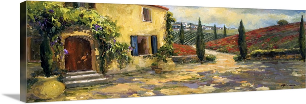 Fine art oil painting landscape of a Tuscan farmhouse with hills of red rising in the background by Allayn Stevens.