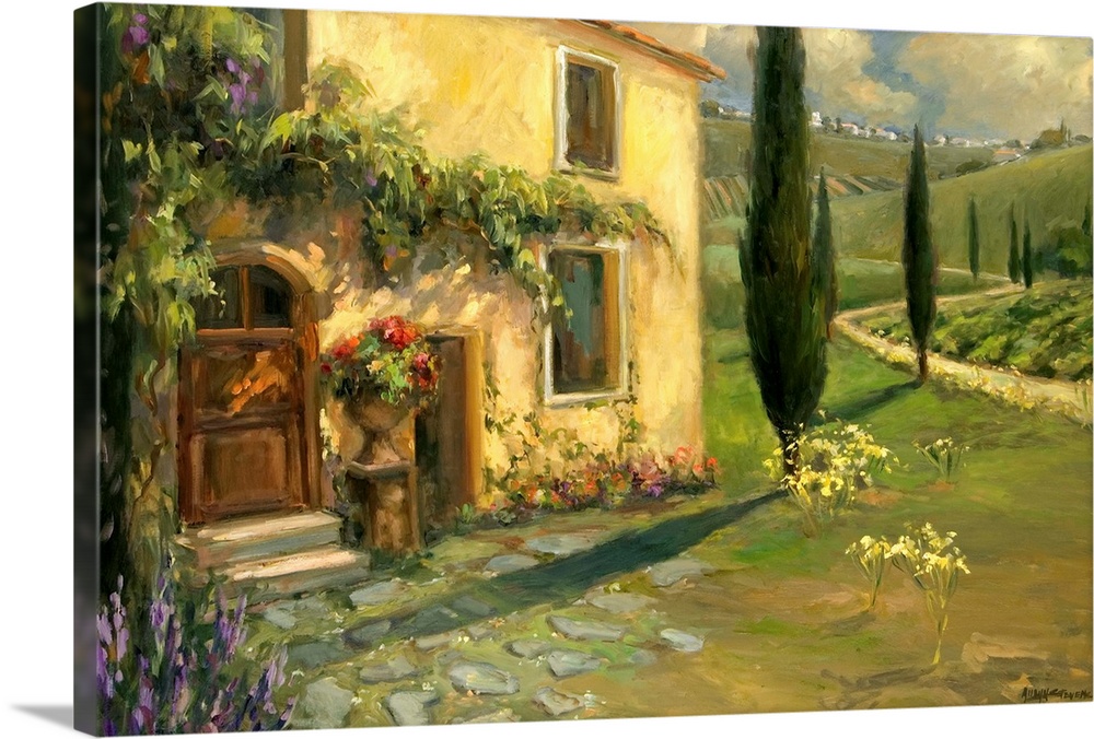 Fine art oil painting landscape of a Tuscan farmhouse with lush green hills rising in the background by Allayn Stevens.