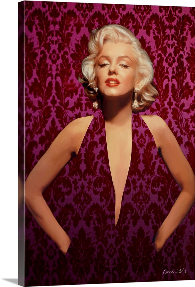 Portrait of Marilyn Monroe wearing a pink and red patterned dress that blends in with the wall behind her.