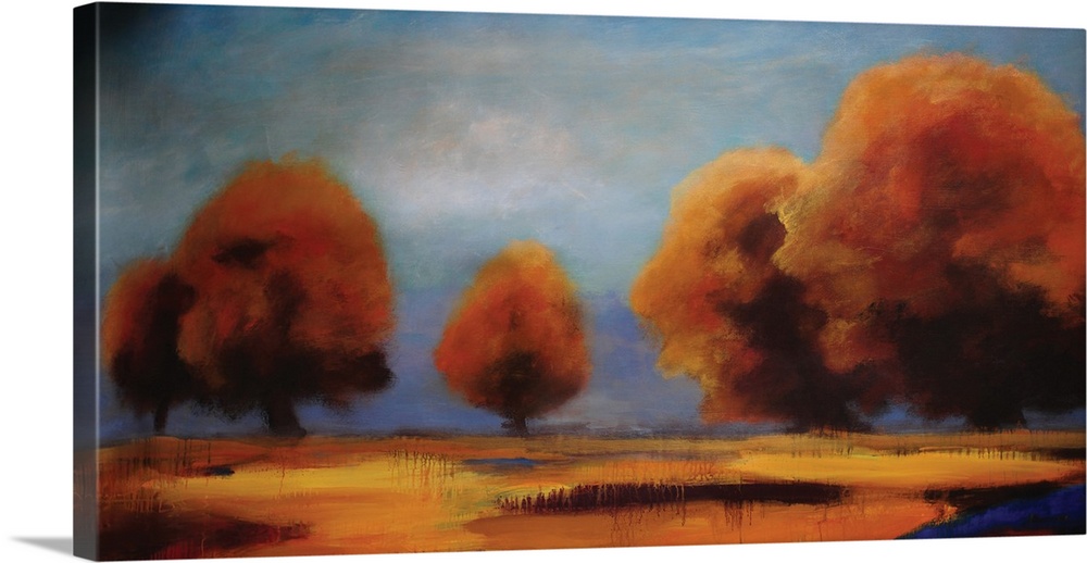 Contemporary artwork of brightly colored fall trees against a shaded blue sky.