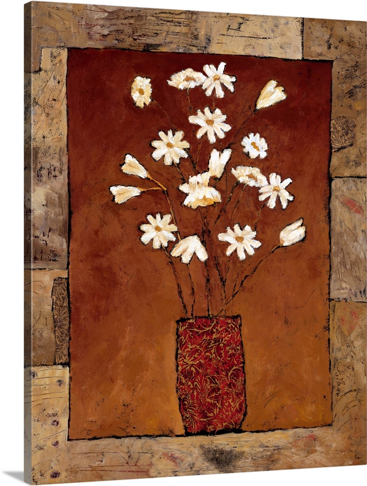 Contemporary painting of a bouquet of white flowers over a earth toned background surrounded by a distressed border.
