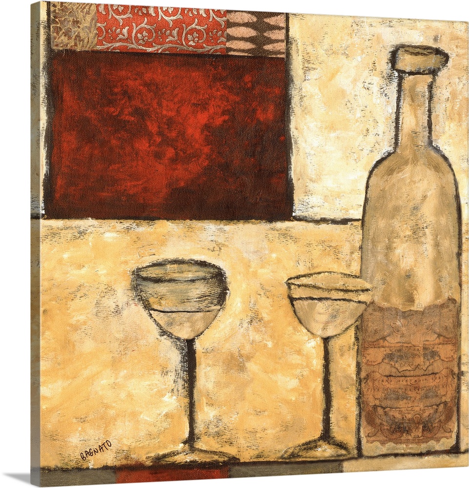 Contemporary textured painting of a bottle of white wine with two glasses over various polygons.