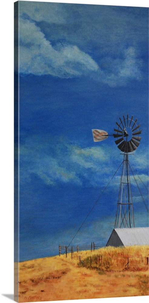 Painting of a windmill on a farm against a blue sky.