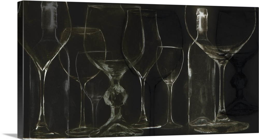 Contemporary artwork of a chalkboard sketch-like rendering of wine glasses.