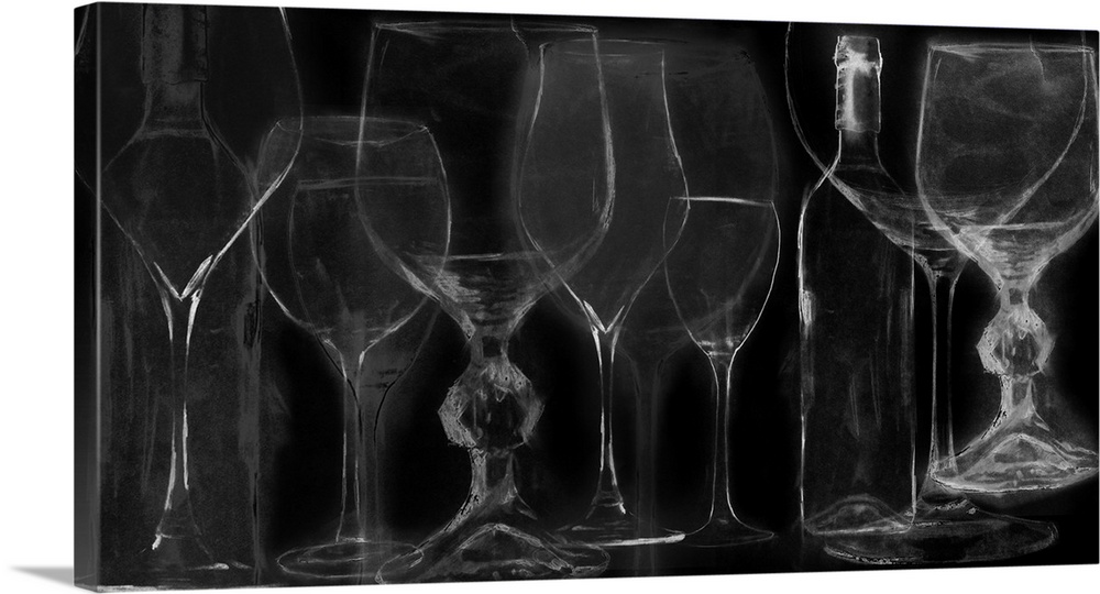 Contemporary artwork of a chalkboard sketch-like rendering of wine glasses.