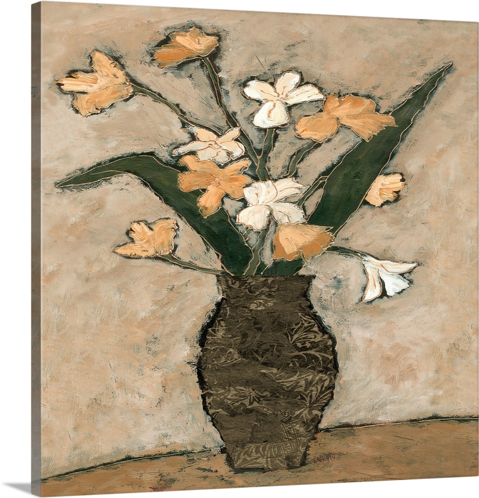 Contemporary artwork of a bouquet of white and yellow blooming flowers.