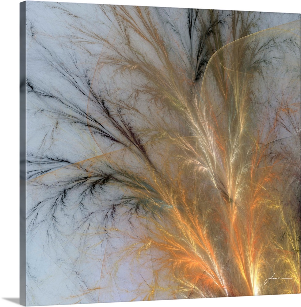 Warm fronds of grass arc elegantly across the canvas.