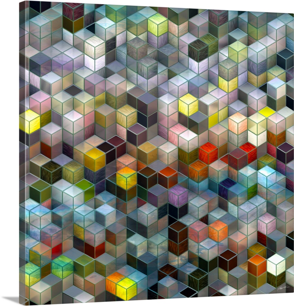 Cascade of hexagonal translucent cubes of brilliant color.