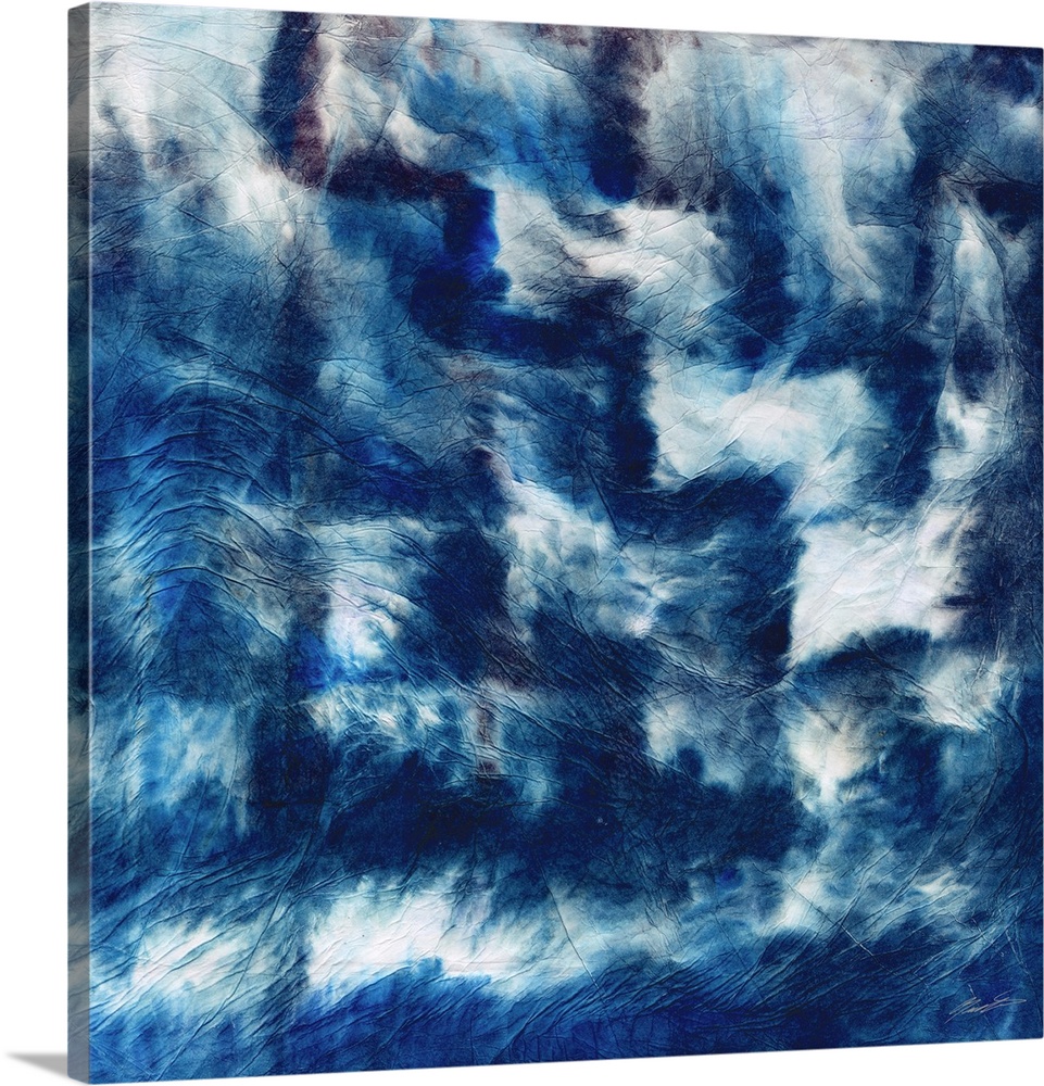 Shibori folds of indigo step across the canvas.