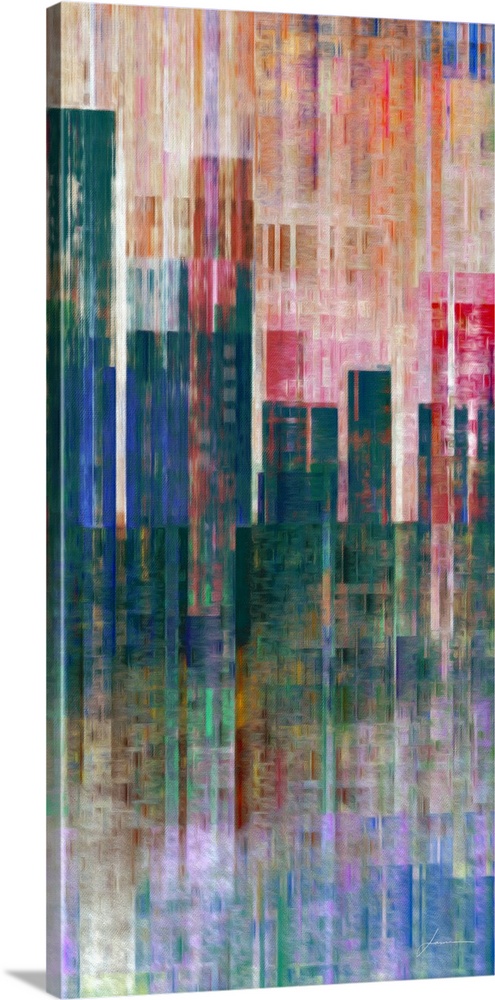 An abstract painted cityscape pops from a textured canvas.