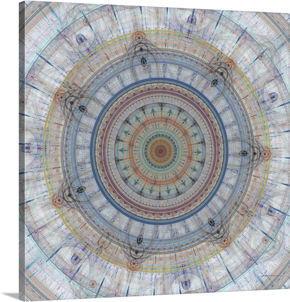 An intricate geometric mandala stretches across the canvas like a modern dreamcatcher.