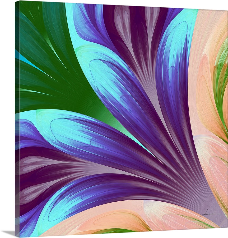 A brightly painted abstract floret explodes into jewel tones across the canvas.