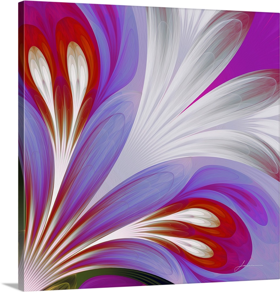 A brightly painted abstract floret explodes into jewel tones across the canvas.