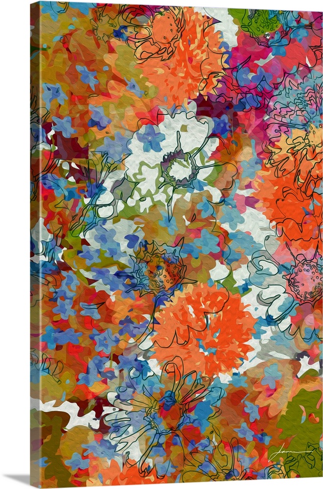 A joyous collage of brightly painted flowers.