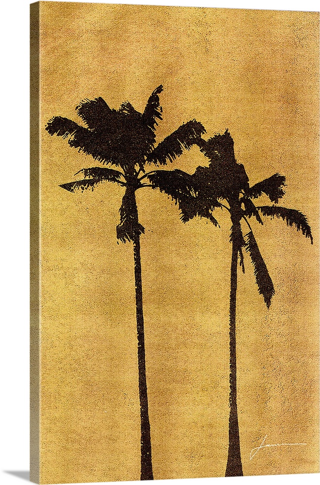 Tropical palm tree silhouettes on a gold background.