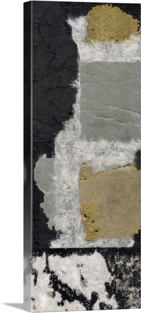 A high-contrast collage of contrasting metallic papers.