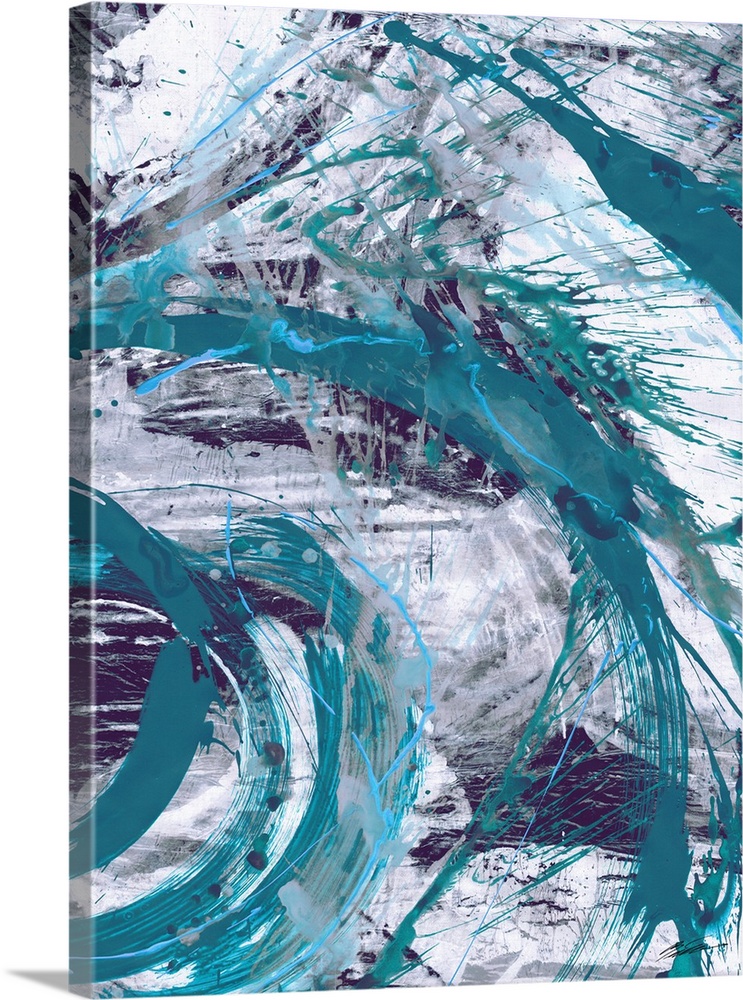 An energized contemporary abstract in teal and gray.