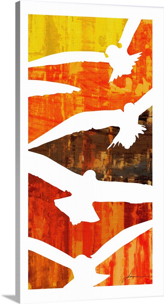 Birds in-flight divide the canvas into orange and red blocks of color.