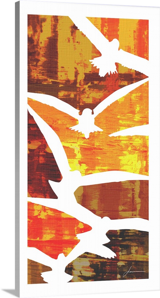Birds in-flight divide the canvas into orange and red blocks of color.